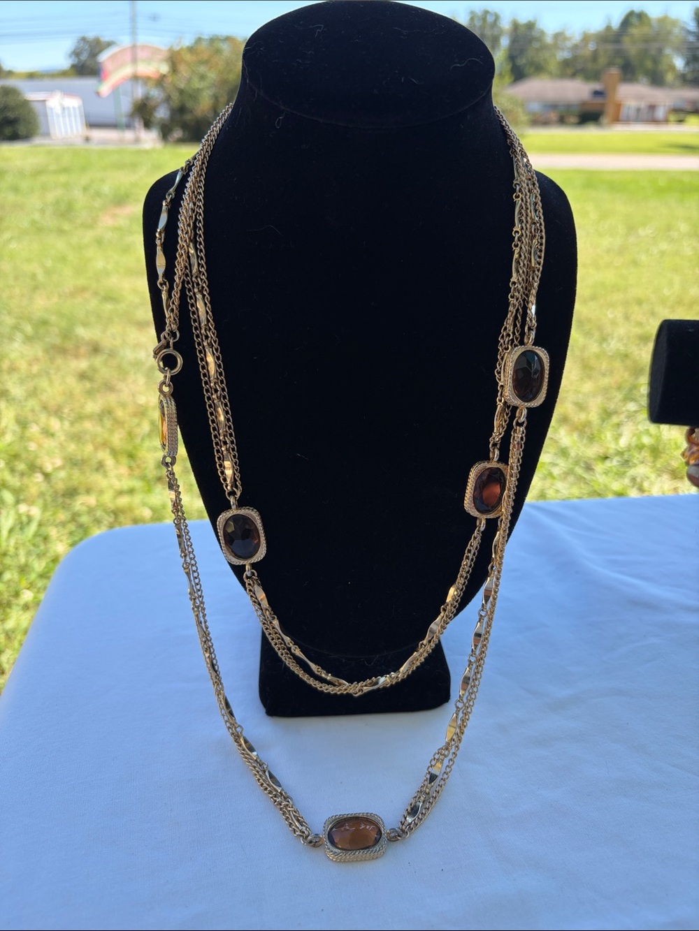 Sarah Coventry Gold-Tone Multistrand Necklace with Brown Cabochons